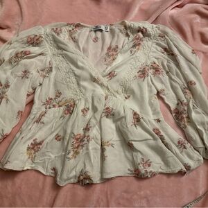 Hollister Cream Floral Top with Lace